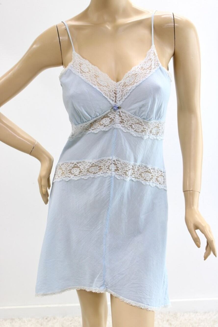 VTG Claire Pettibone Babydoll Nightie Small Blue Cotton Lace Fairycore Coquette